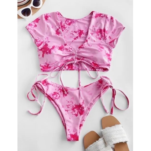 Zaful Tie Dye Cinched Bikini Two Piece Swimsuit Cap Sleeve Pink Size Small - Picture 1 of 7